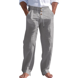Men's grey cotton linen casual pants with drawstring waist and straight leg design