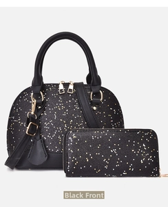 Front view of black sparkly shell handbag and matching long wallet set with star glitter