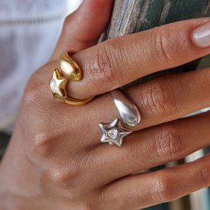 18K gold and silver stainless steel open rings with star, droplet and heart zircon