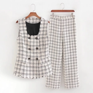Elegant Women Tweed Plaid Sleeveless Waistcoat And Straight Leg Trousers Double Breasted Vintage Fashion Outfit