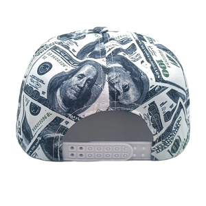 Detail of adjustable grey snapback closure on a baseball cap with dollar bill print