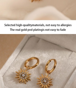 Detail of PVD gold plated sunburst hoop earrings with sparkling zircon inlay