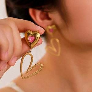 Heart Drop Earrings 18K Gold Plated Stainless Steel Pink Enamel Irregular Hollow Dangle Jewelry For Women
