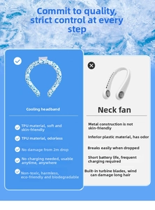 Detail showing PCM cooling neck ring benefits vs neck fans with ice-blue visual texture