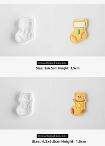 Detail view of 3D Christmas stocking cookie cutters with precise dimensions and baked results