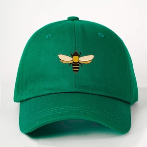 Dark green cotton baseball cap with embroidered honey bee and adjustable strap back
