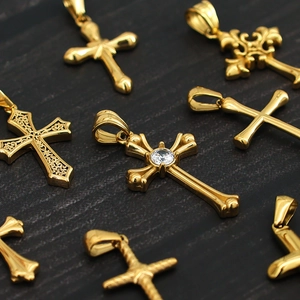 Polished 18K gold plated titanium steel cross pendants with crystal accents for necklaces