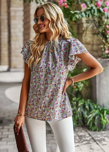 Detail view of a floral chiffon blouse with blue base and short ruffle sleeves for women