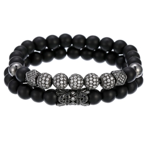 Ensemble de bracelets en perles noires mates avec couronne en zircone et boules micro-pavé