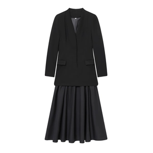 Elegant Long Sleeve Blazer Dress V Neck Pleated Hem Patchwork Solid Color Business Office Wear For Women
