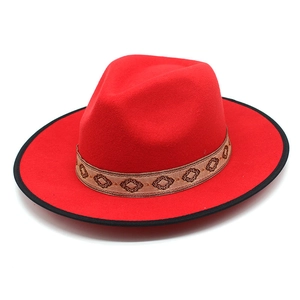 Vintage wool felt jazz fedora hat in dark red with ethnic embroidery ribbon band