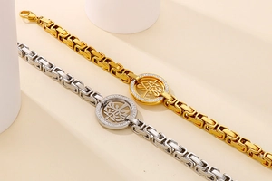 Detail of square chain tree of life bracelet with gold and silver crystal settings