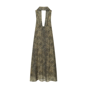 Maxikleid Mit Leopardenmuster Polyester Neckholder Tiefer V-Ausschnitt Ärmellos Rückenfrei Sommer Clubwear Damen