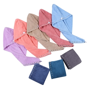 Absorbent coral fleece hair drying towels in eight colors with checkered edges and buttons