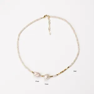 Baroque baroque pearl and shell beaded necklace with gold metal beads and lobster clasp