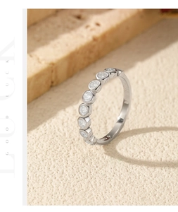 Close-up of S925 sterling silver bubble ring with bezel-set round moissanite stones