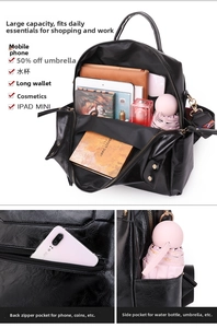 Detail view of large capacity black PU leather backpack with anti-theft back pocket