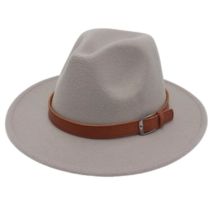 Classic mid-grey wool felt fedora hat with a stylish brown leather buckle belt band