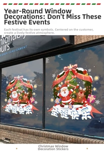 Close-up of festive Christmas wreath window stickers with Santa and reindeer motifs