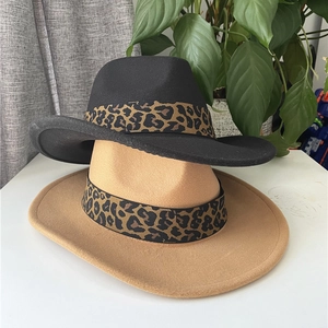 Classic fedora felt hats in black and camel featuring stylish leopard print ribbon bands