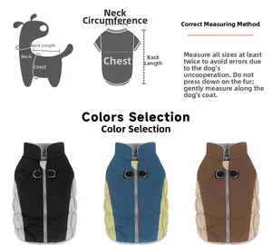 Detailed sizing guide showing measurements for the waterproof padded dog vest in three colors