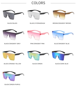 Matrix display of oversized shield sunglasses in ten various lens colors and frames