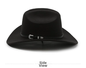 Detail of black cowboy hat with leather band and engraved silver buckle on felt material