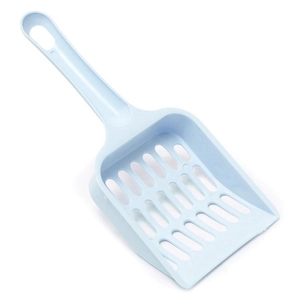 Detail of light blue cat litter scooper with longitudinal slots for efficient sifting