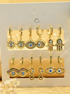 6-pair set of gold-plated evil eye earrings featuring colorful zircon and Hamsa hand