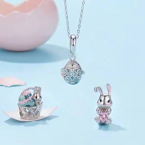 Ensemble de charms Pâques en argent 925 avec lapin, panier et pendentif œuf émaillé