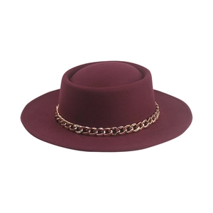 Burgundy wool felt boater hat with a thick gold chain decoration and flat brim style