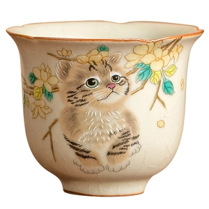 Ru-kiln ceramic teacup with beige crackle glaze and hand-painted cat and floral pattern