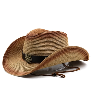 Gradient straw cowboy hat with vintage metal buckle and adjustable chin strap