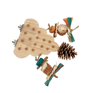 Parrot wood chewing toy with cork, pine cone and corn cob for cage bird entertainment