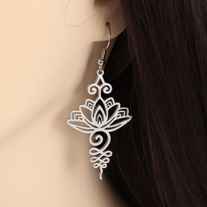 Detail view of镂空 lotus mandala earring in polished stainless steel for women