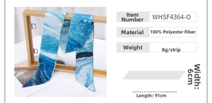 Detailed view of blue marble print skinny scarf with 91x6cm size and 8g weight specs
