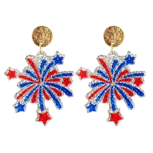 Sparkly Fourth of July fireworks earrings with red blue silver glitter design