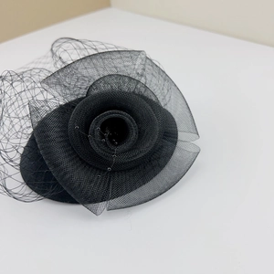 Vintage French black floral fascinator hat with elegant lace veil and bead accents