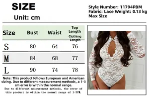 Size chart for lace long sleeve bodysuit with detailed S-L measurements in centimeters