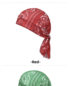 Detail view of red paisley print pirate bandana with adjustable straps for cycling