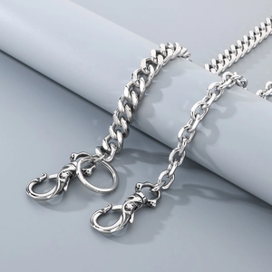 Street hip hop stainless steel wallet chain with skull accents and heavy lobster clasps