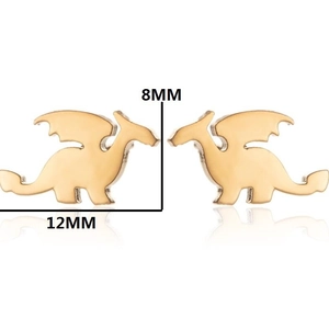 Minimalist golden dinosaur stud earrings featuring a geometric dragon design and 12mm width
