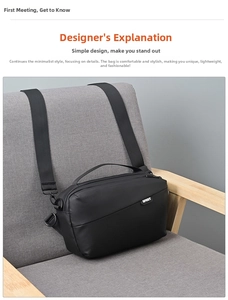Detail of waterproof black crossbody bag with SPORT logo on a grey textured seat