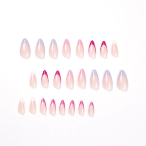 Almond French press on nails in lavender and pink hues, 24 pieces set on white background