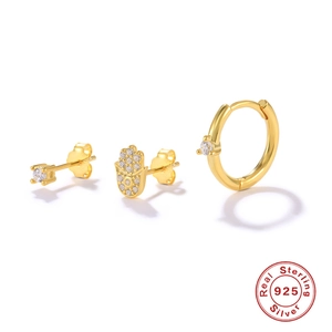 Three-piece 925 sterling silver Hamsa hand earring set with sparkling zircon in gold finish