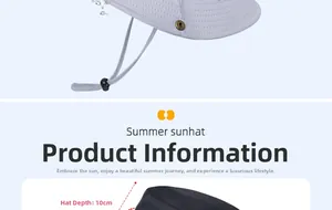Detail view of outdoor sun hats showing 12cm wide brim, windproof cord and side buckle