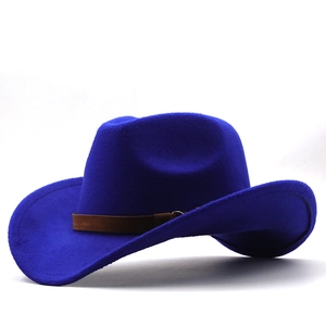 Royal blue western cowboy hat with brown suede belt buckle detail in 45-degree view