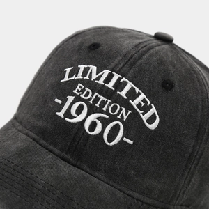 Detail of LIMITED EDITION 1960 embroidery on vintage washed charcoal cotton baseball cap