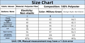 Size chart with detailed measurements for women's loose puff sleeve bomber jacket