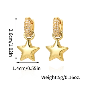 Gold-plated star drop earrings with sparkling pavé zircons and detailed size dimensions